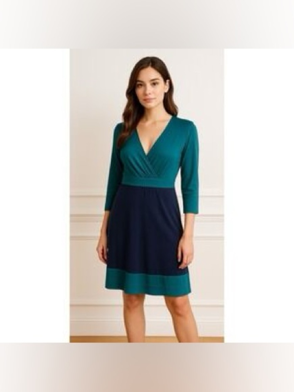 Boden Colorblock V-Neck A-Line Dress in Teal and Navy 10